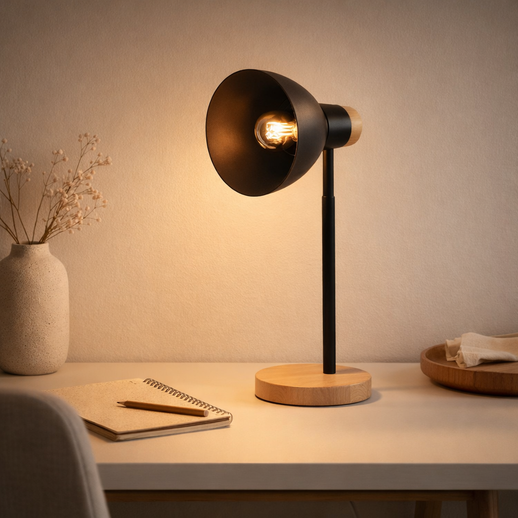 Lampe de bureau Marie en métal et en bois, E14, noir, 36,5 cm de haut en situation