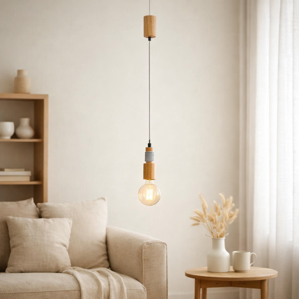 Roofin en bois LED avec câble textile Bento, y compris E27 / 4W LED en situation
