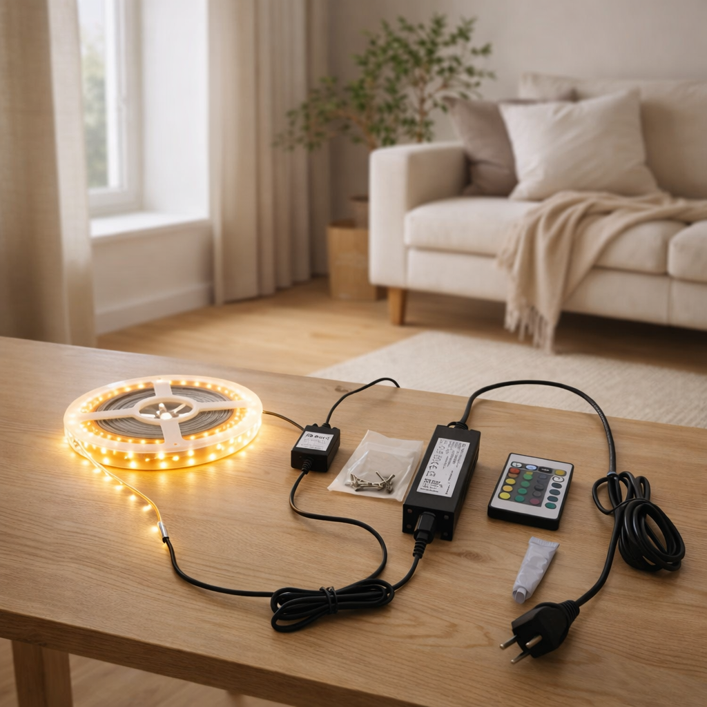 La LED Stripe extérieure 1000 cm, 36 watts, blanc chaud, avec changeur de couleur, dimmable, y compris la télécommande et les accessoires en situation