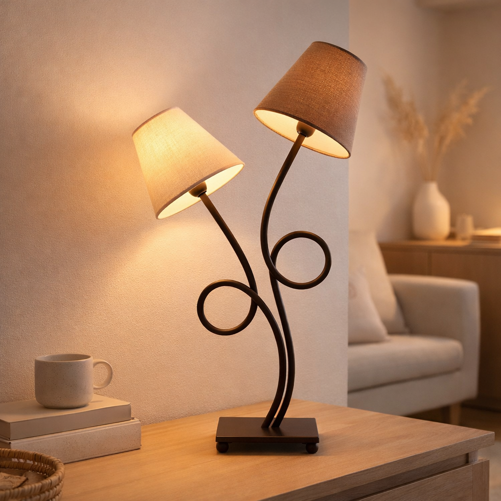 Lampe de table, boho à 2 flammes, lampe de table brun / beige, avec socket e14, pour salle à manger, salon, couloir ou bureau, 65 cm de haut en situation