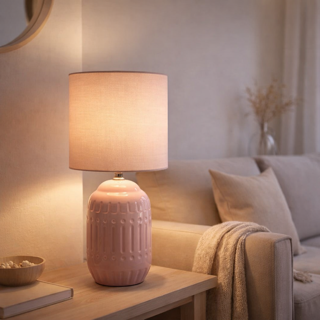 Lampe de table en céramique Erida, lampe de table en céramique, rosé / saumon, avec version E14, pour salle à manger, salon, couloir ou bureau, lumières à l'intérieur en situation