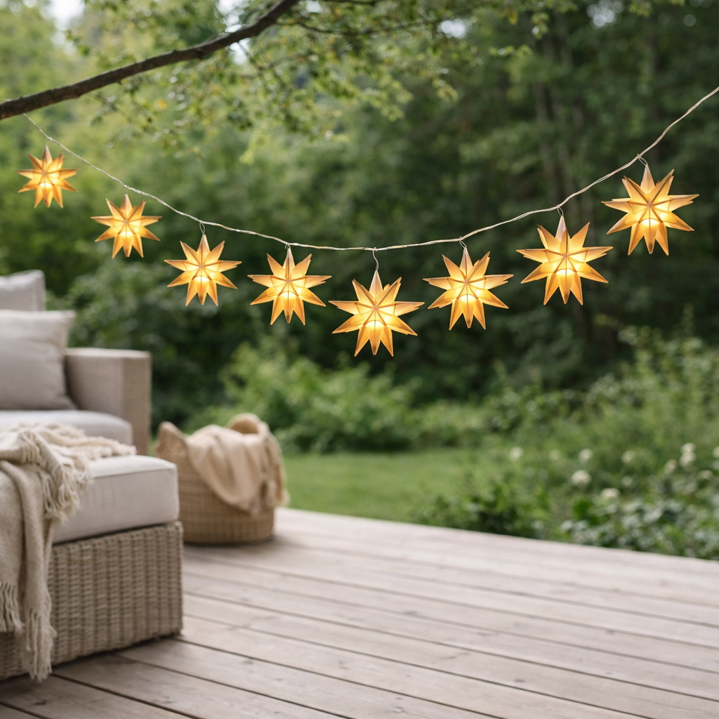 9-Outdoor LED Chain Light Chain 3D Stars-Gold en situation