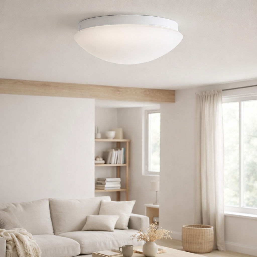 Plafond LED en métal et en verre en blanc, avec des LED-in Fermement construites Ø Env. 29 cm. en situation