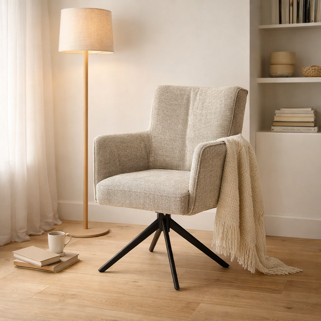 Fauteuil Alex Tissu Cremona %2302 Ecru - Structure rotative 360 noir A360 en situation