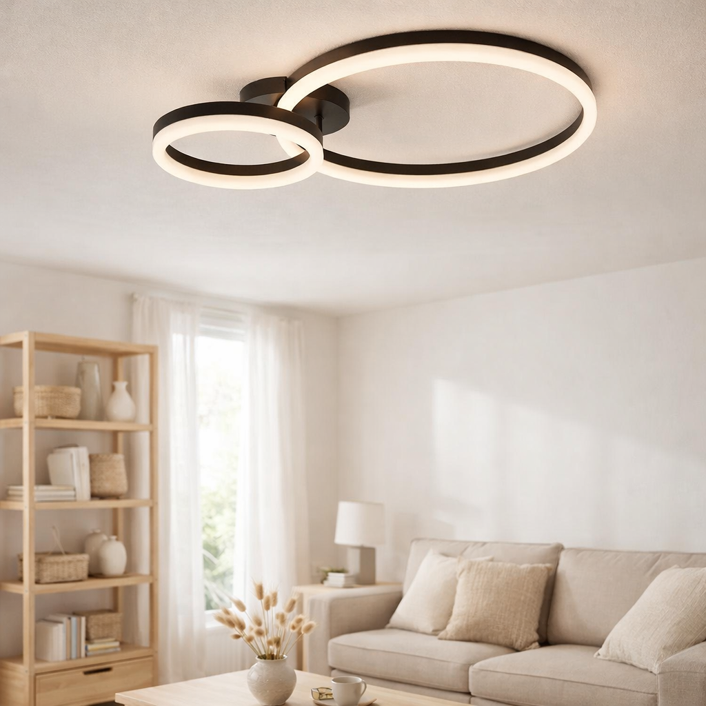Plafond CCT LED circulo en métal noir et en plastique de couleur sable de 53 cm de long en situation