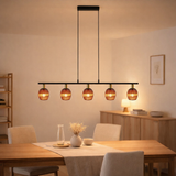 5 pendentif Corbis, lampe conjugale en noir en noir, avec de l'or et du rotin, avec une douille E14, pour une salle à manger, un salon, un couloir ou un bureau, 100 cm de long en situation