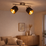 Mur et plafond à 2 places Maron en métal-satin-matt avec parasols en tissu en marron, avec socket E14, lampe pour le salon, salle à manger, couloir et bureau, 46 x 12 cm en situation