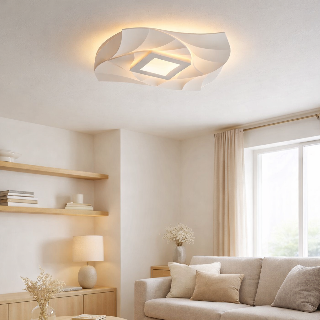 LED Plafond LAMBRE EFFET LIORA Ø 48 cm, avec de nombreuses fonctions, y compris la télécommande en situation