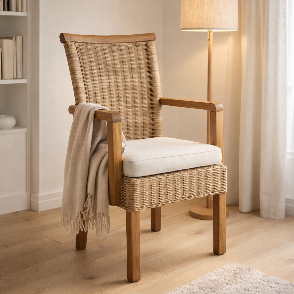 Chaise de salle à manger chaise en rotin avec accoudoirs tabac Perth chaise en osier fauteuil en rotin durable en situation