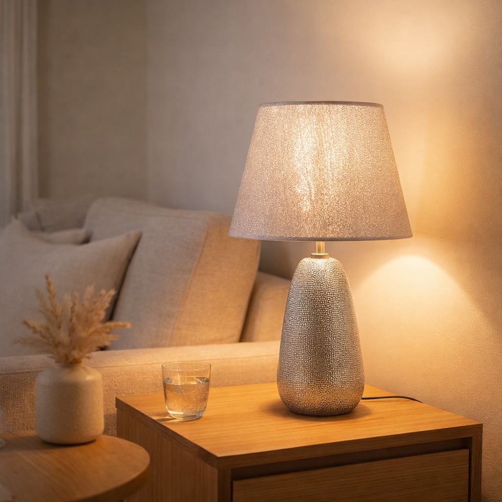 Lampe de table en céramique H: 37 cm Céramique Simly, lampe de table en céramique, argent, avec douille E14, pour salle à manger, salon, couloir ou bureau, 31 cm de haut en situation