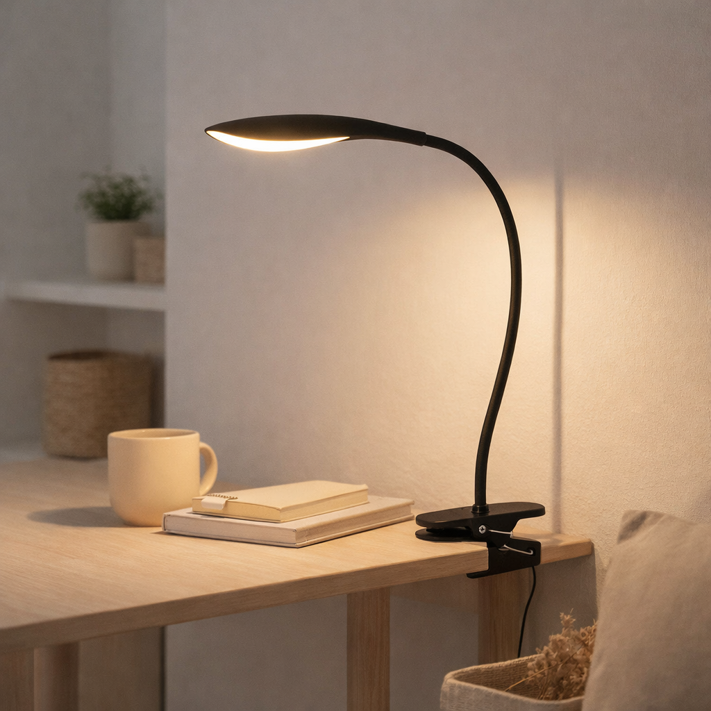 Lampe de serrage LED Alf en métal et en plastique en noir, avec LED intégrée en situation