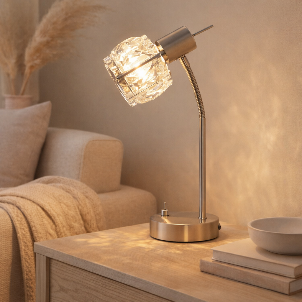 Lampe à table à LED Josefa, lampe de table en métal et verre en optique en acier inoxydable, avec lampe filamentaire de version E14 incluse, léger pour le salon, salle à manger, couloir ou couloir 34,5 x 17,5 cm en situation