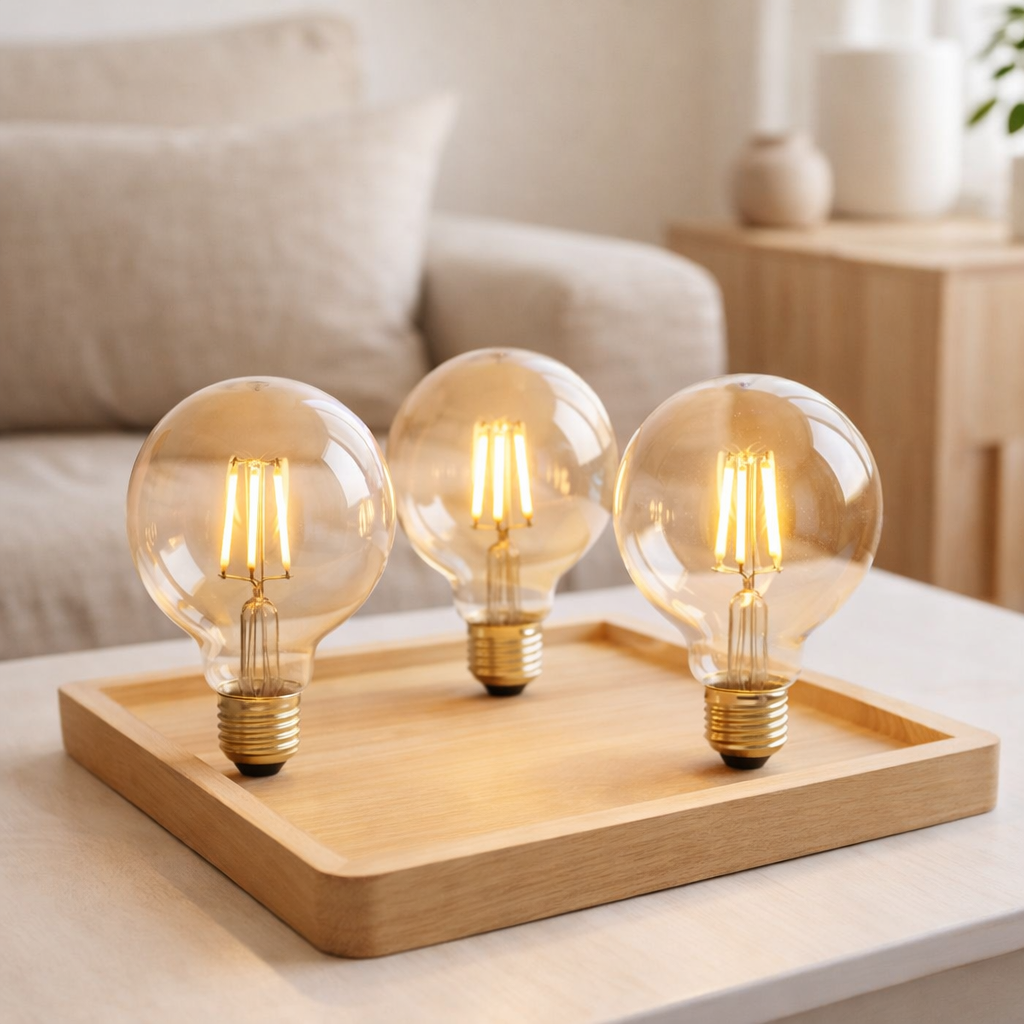 3 sets LED illuminant E27 version 4.1 watts, en métal et en verre, blanc chaud en situation