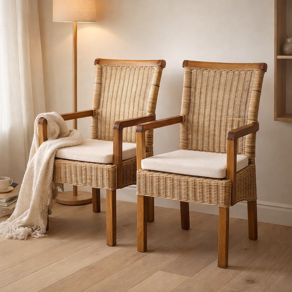 Chaises de salle à manger lot de 2 chaise en rotin avec accoudoirs tabac Perth chaise en osier fauteuil en rotin en situation