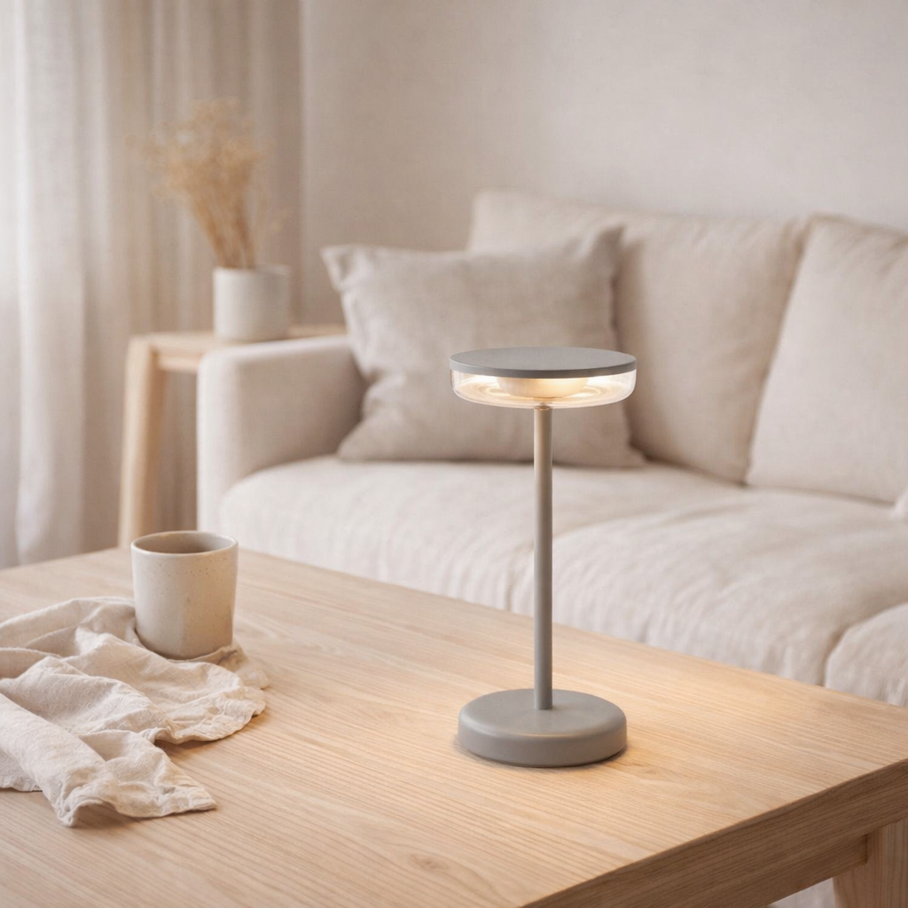 Batterie légère Pasi pour l'extérieur et à l'intérieur, en métal et en plastique en gris, dimmable, avec une fonction tactile et mémoire, env. 26 cm de haut en situation