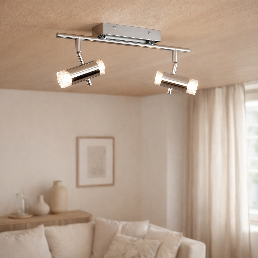 Plafond LED Garda de 34 cm de long, avec des LED intégrées, en métal et acrylique colorants chromés en situation