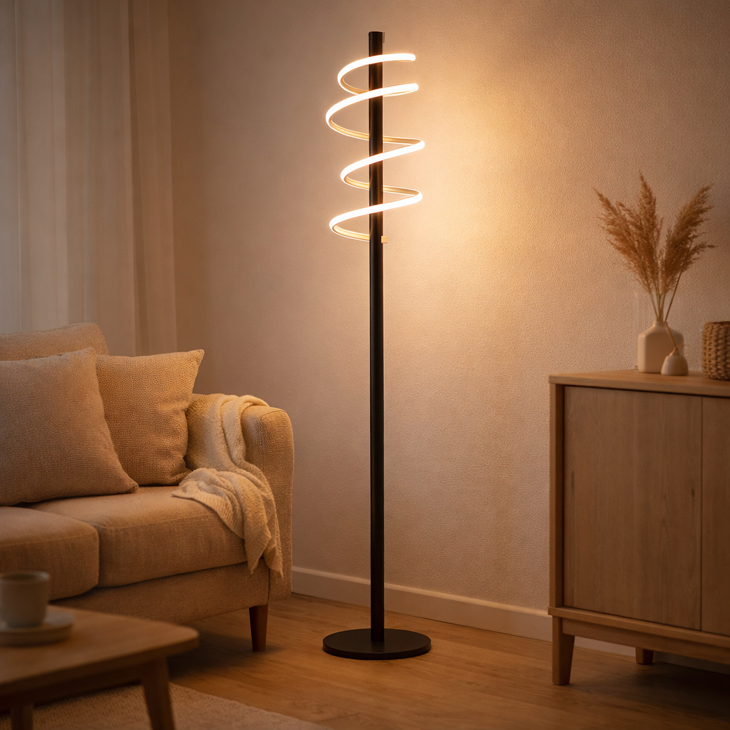 Lampe debout à LED Belleza, lampadaire moderne en métal et en plastique en noir et blanc, avec des LED fermement intégrées, 140 hauts, l'éclairage pour le salon, la salle à manger, la chambre ou le bureau. en situation