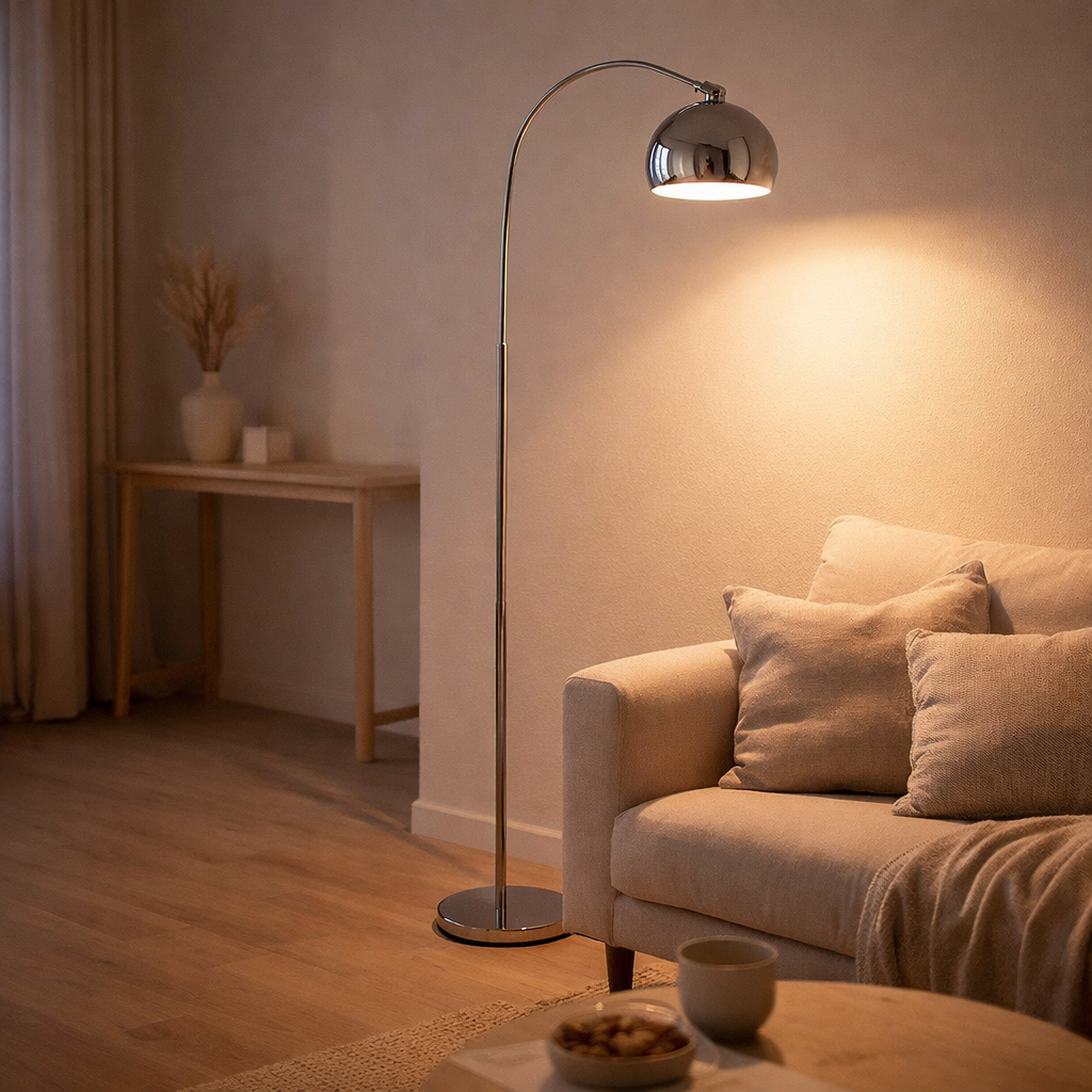 Lampe debout style, lampadaire classique rétro avec un arc fait de métal de couleur chromée avec une prise E27, 146 cm de haut, idéal pour la salle à manger, le salon et le bureau. en situation