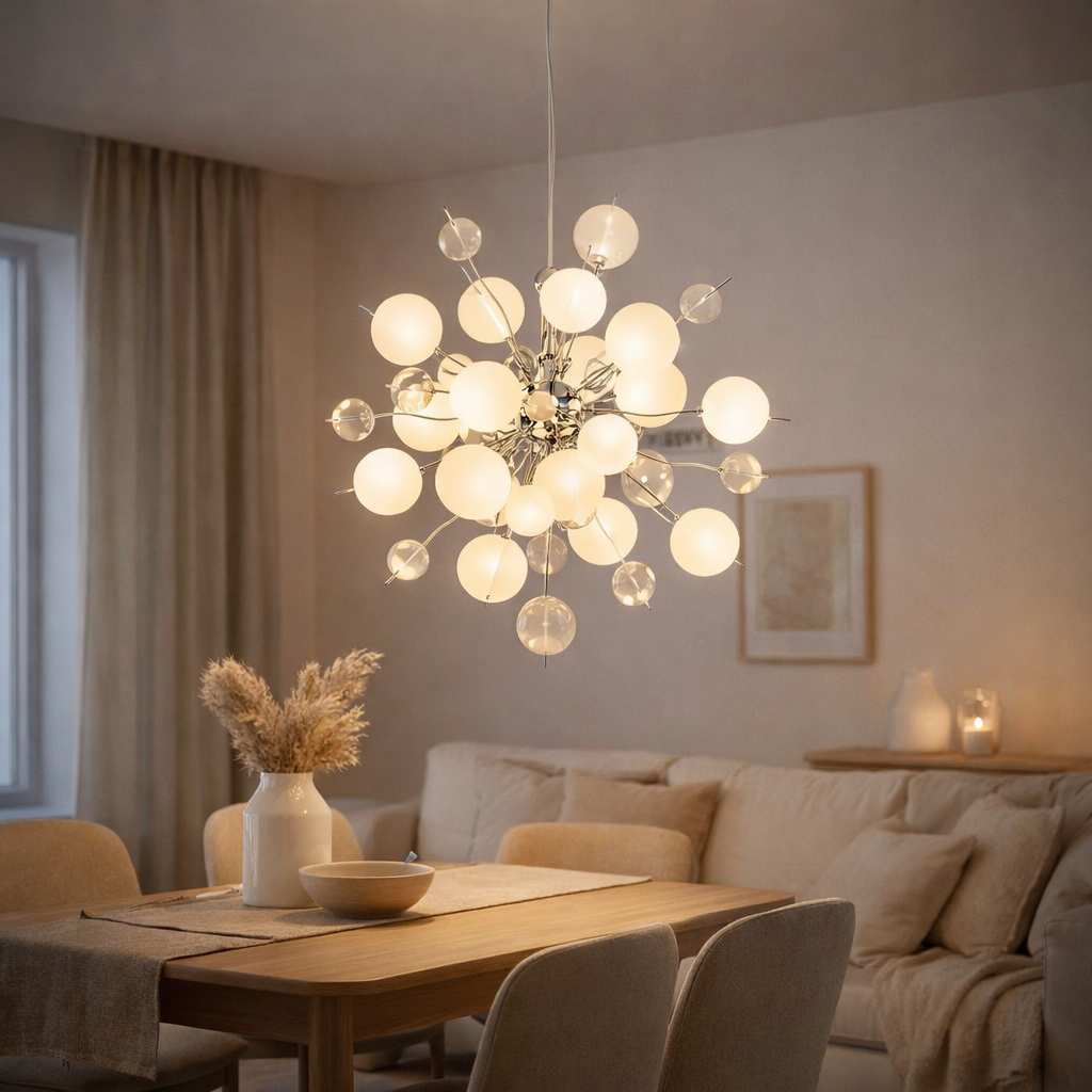 Pendant la lampe Explosion blanche en métal et en verre, versions G9, pour salle à manger, salon, couloir ou bureau, lampe suspendue Øca 65 cm en situation