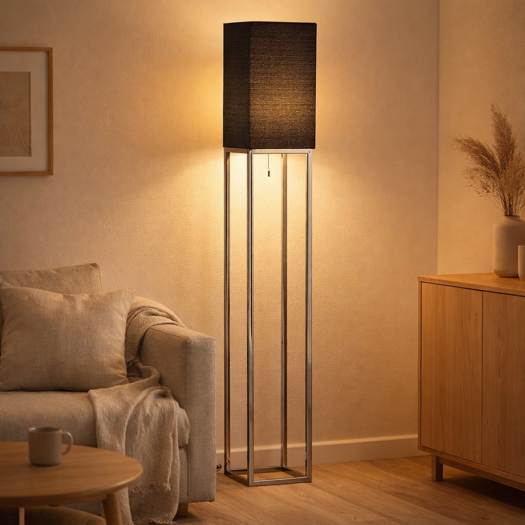 Lampe debout Alfa, lampadaire moderne en métal et textile en chrome / gris foncé, avec une prise E27, 150,5 cm de haut, lampe chic pour le couloir, le salon et le bureau en situation