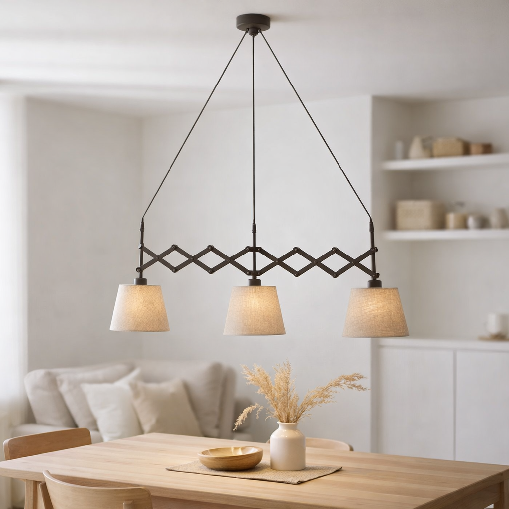 Le suspension de cisaillement Adrienne, largeur extensible de 52-100 cm, en métal brun avec parasols textiles de couleur naturelle, versions E27, éclairage pour le salon, la salle à manger ou le bureau en situation