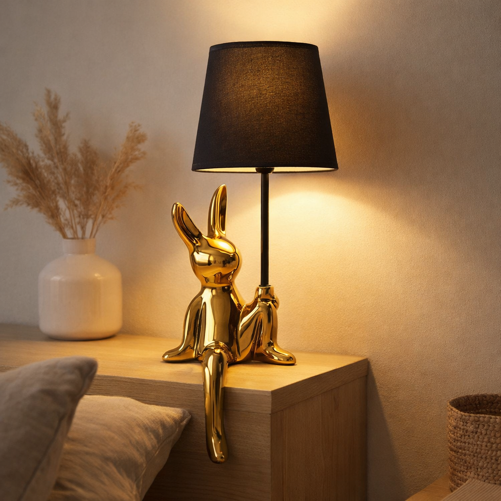 Lampe de table Helge Ø 18 cm, hauteur env. 45 cm, en céramique en noir et or, des lames de texte noir en situation