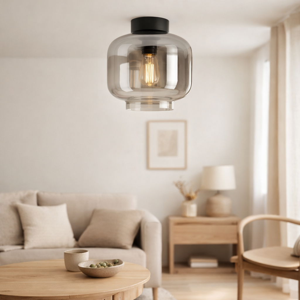 Plafond vaso, rétro, plafond, métal et verre de fumée en anthracite, socket e27, pour salle à manger, salon, couloir ou bureau, avec un Øvon 25 cm en situation
