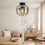 Plafond vaso, rétro, plafond, métal et verre de fumée en anthracite, socket e27, pour salle à manger, salon, couloir ou bureau, avec un Øvon 25 cm en situation
