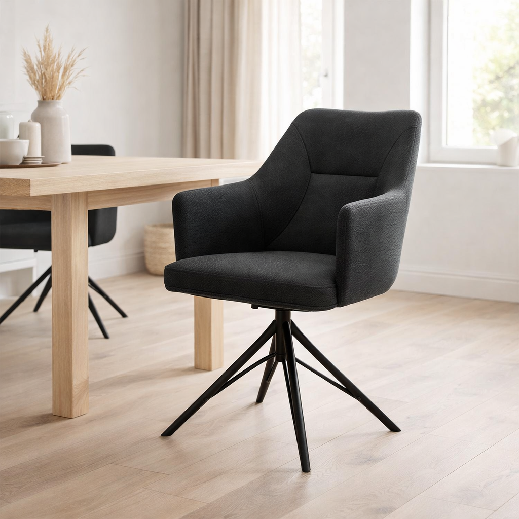 Chaise de bras Calvin tournant en tissu noir pnebble en situation