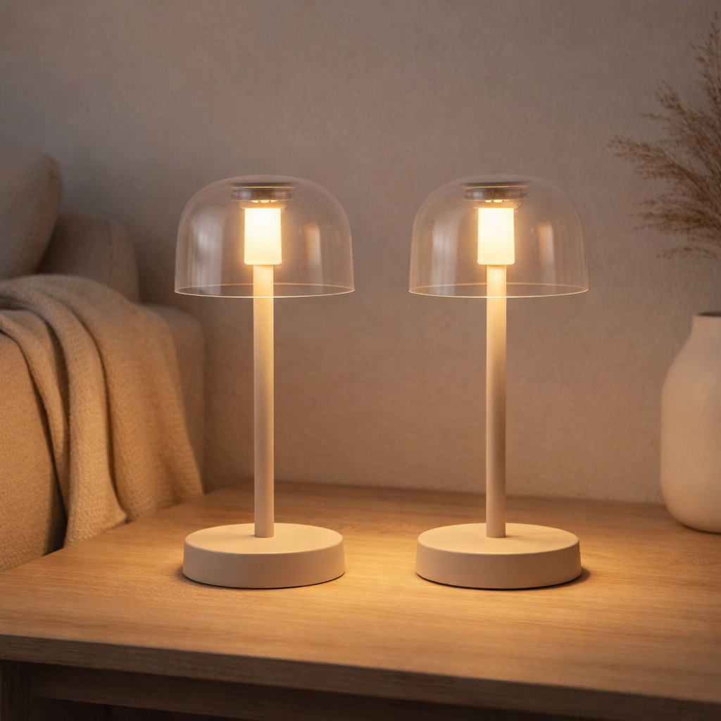 2 Set LED Battery Table Light Gomba pour l'extérieur et à l'intérieur, en métal et en plastique en blanc, 18,5 cm de haut en situation