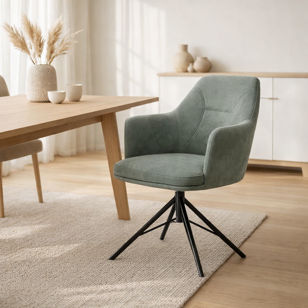 Chaise de bras Calvin Turning Bow Black tissu vert doux en situation