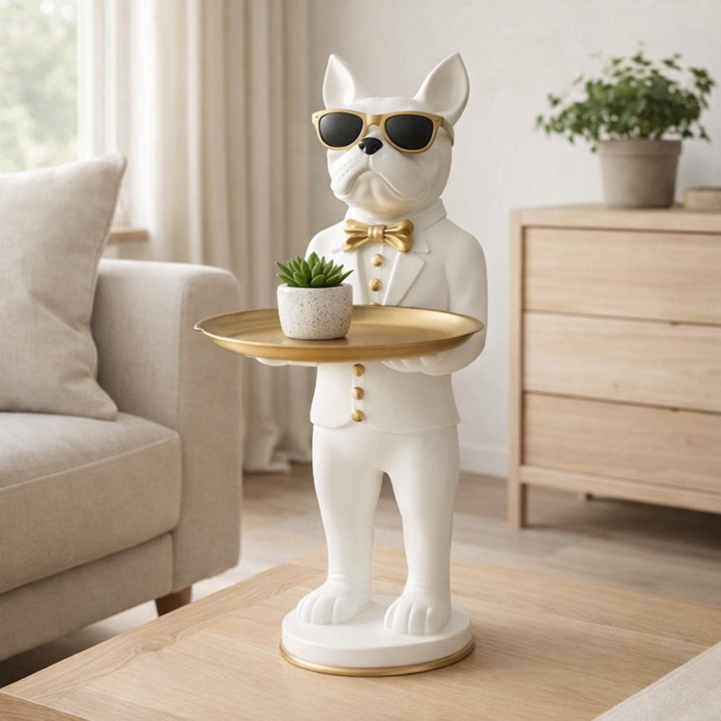 Bouledogue en polyrésine blanc avec plateau en situation