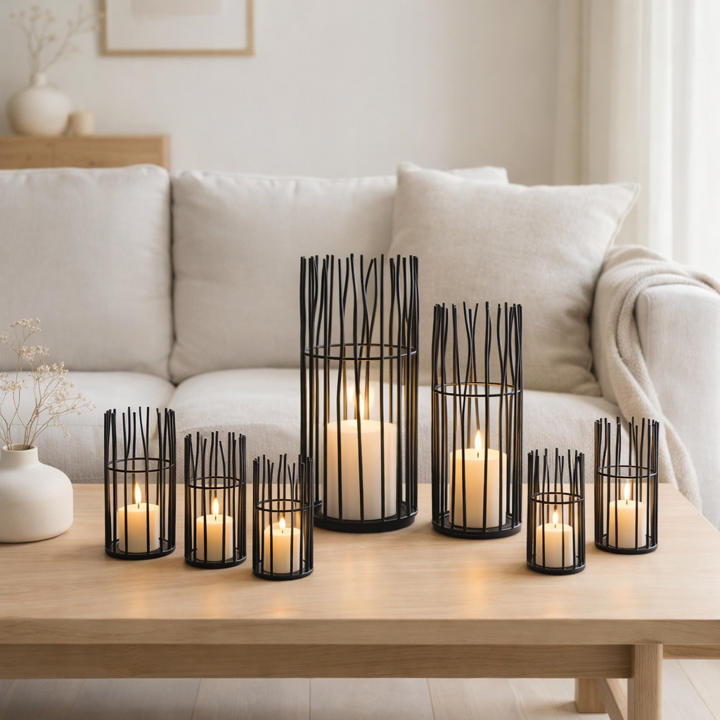 Lanterne set de 8 pièces 2 x 4 bougeoirs VE photophore Loft noir ou argent bougeoir en situation