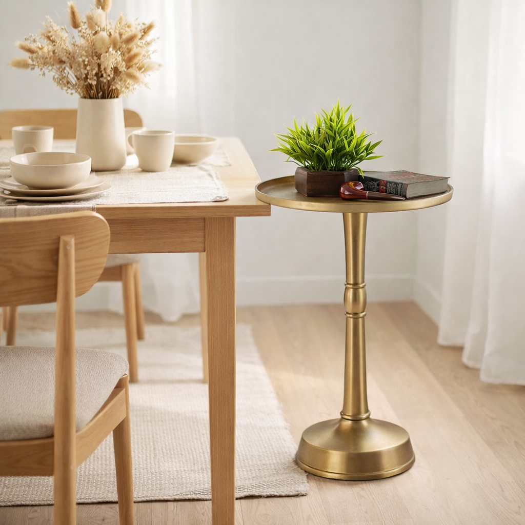 Table d'appoint métal autour de Ø 44x53 cm décotiquement noble ou or avec design en aluminium au milieu du pied en situation