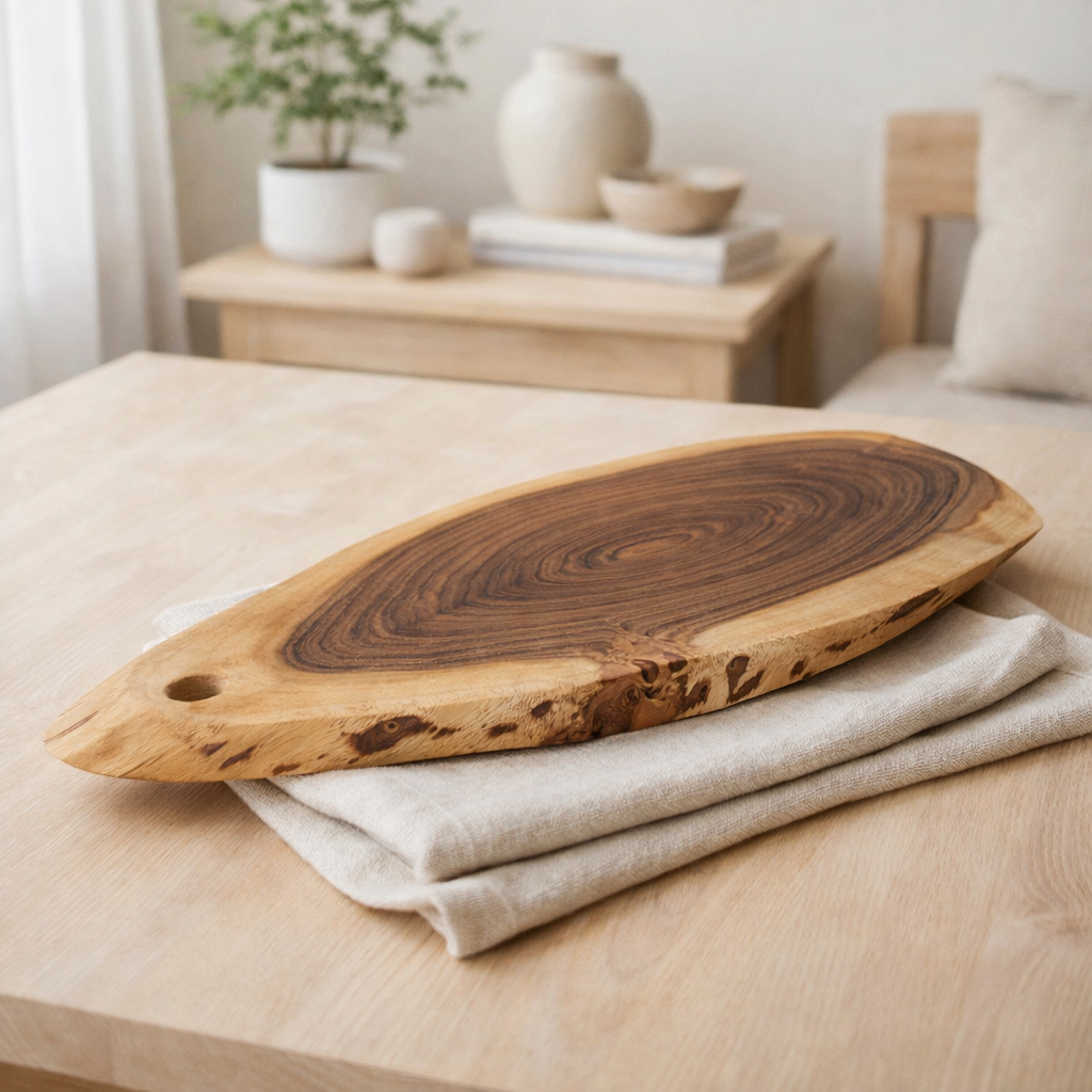 Tranche d'arbre de planche de service collé 34x16cm ou 52x24cm de service décoration comprimé acacia massive en situation