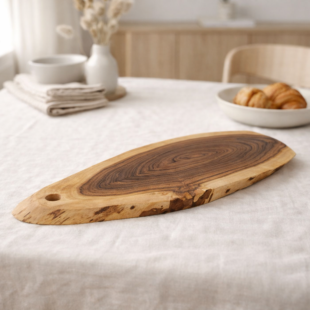Tranche d'arbre de planche de service collé 34x16cm ou 52x24cm de service décoration comprimé acacia massive en situation