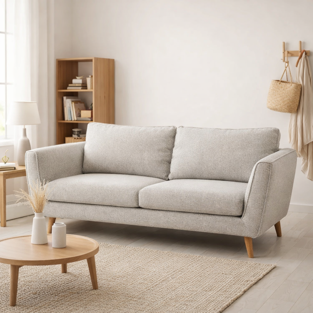 Canapé Stella en tissu chenille avec pieds bois en situation