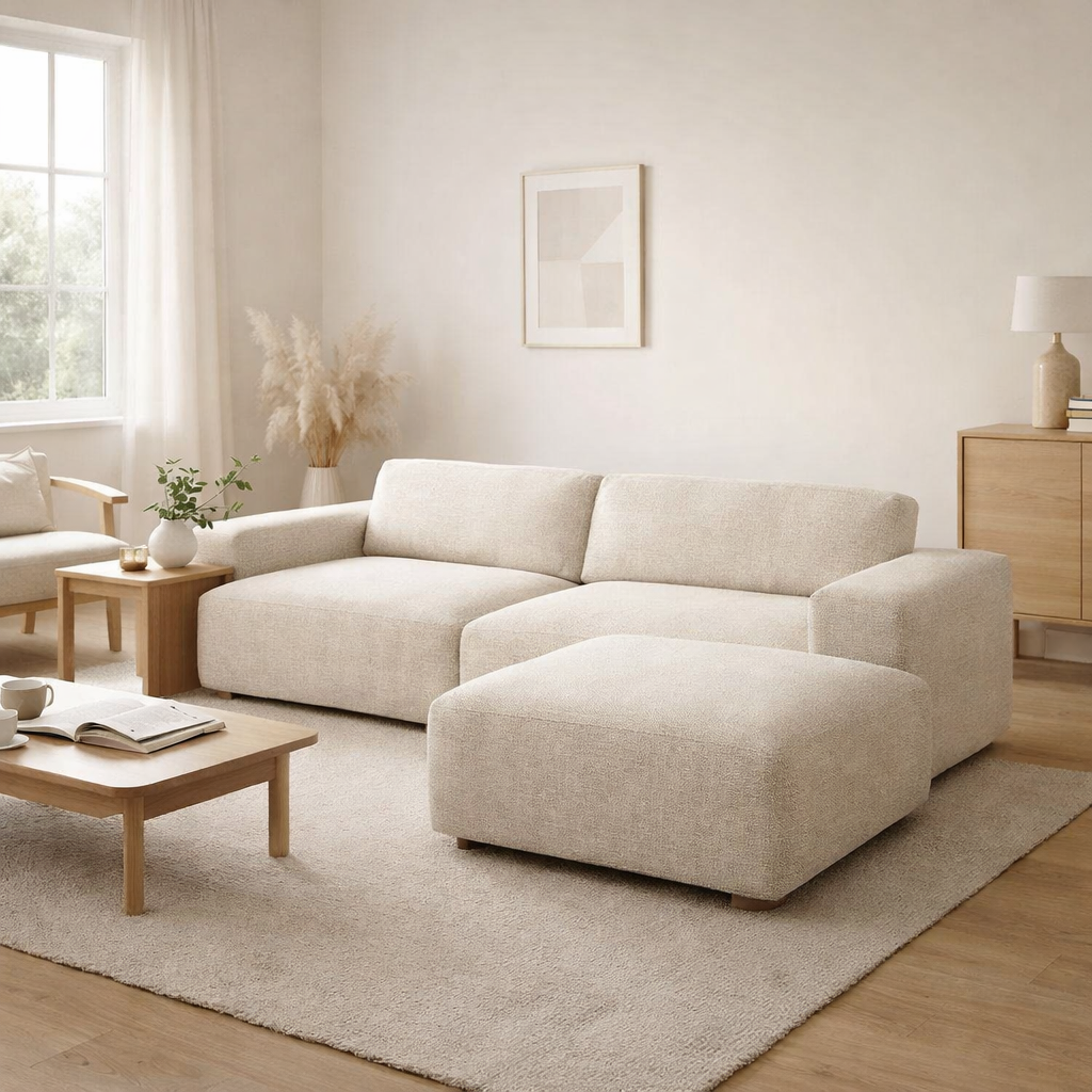 Canapé d'angle en tissu chenille Edda avec pieds bois en situation