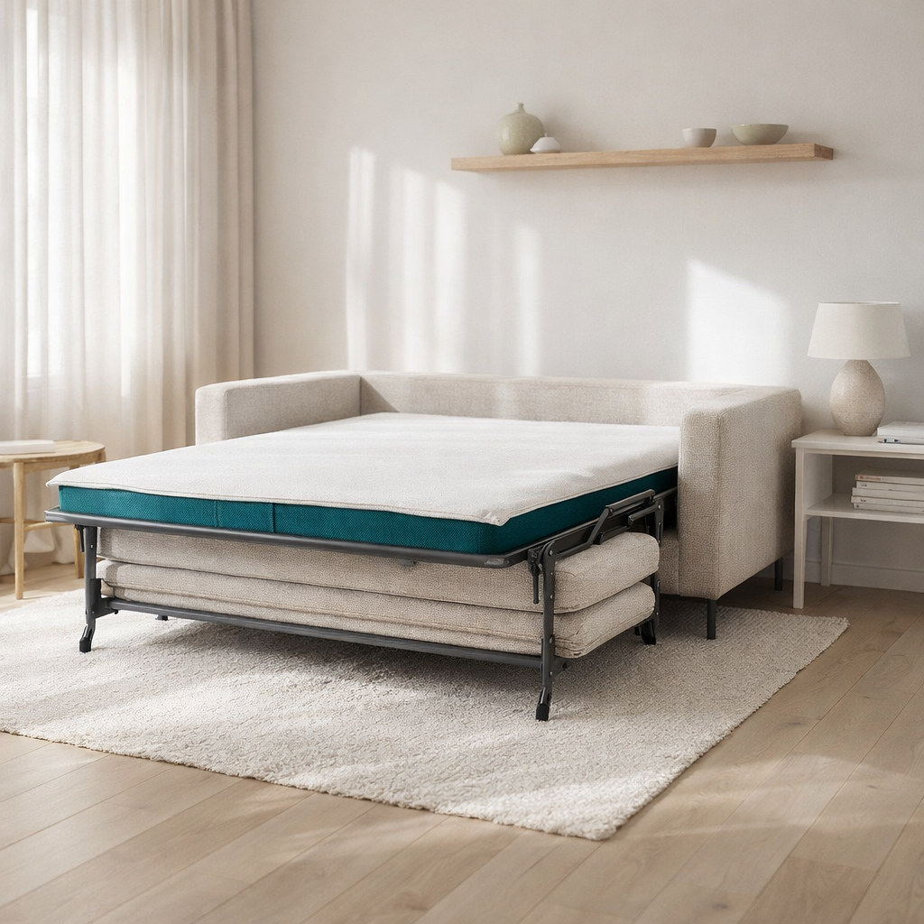 Canapé convertible en tissu chenille 100% recyclé Pixie avec pieds métal en situation