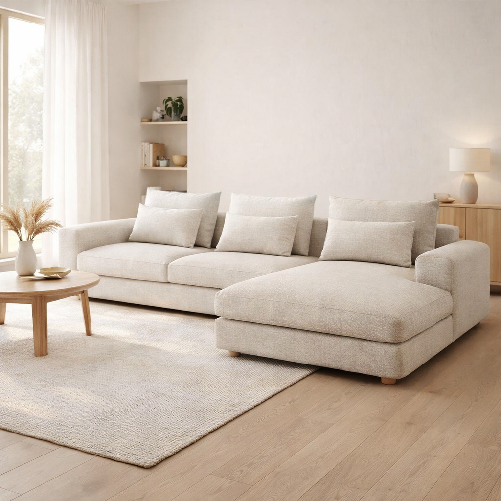 Canapé d'angle en tissu chenille recyclé Milou avec pieds bois en situation