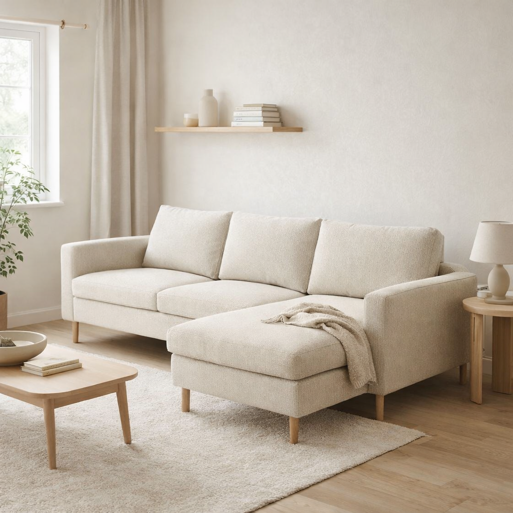 Canapé convertible d'angle en tissu chenille 100% recyclé Pixie avec pieds bois en situation