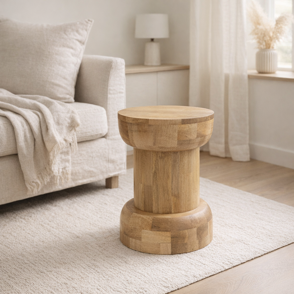 Tabouret beige en bois de manguier massif en situation