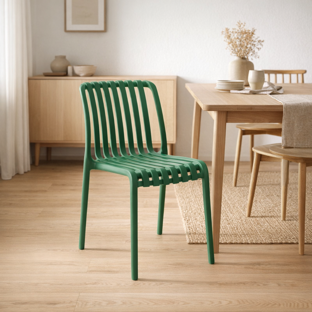 Chaise verte en plastique légère en situation