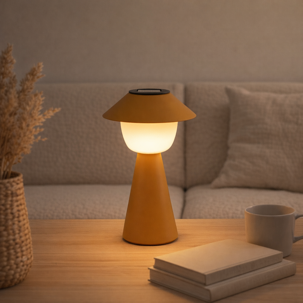 Lampe à poser solaire forme marionnette plastique orange en situation