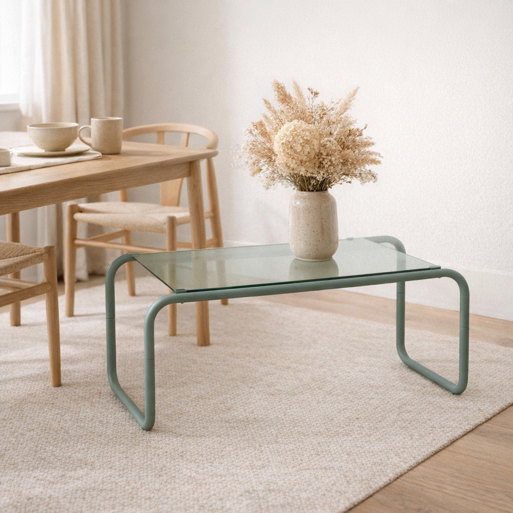 Table basse verte en verre et fer en situation