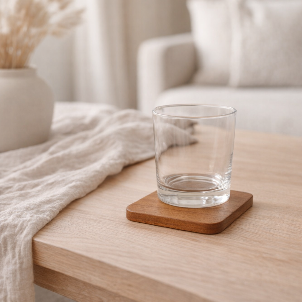Dessous de verre en bois brun moyen lisse en situation