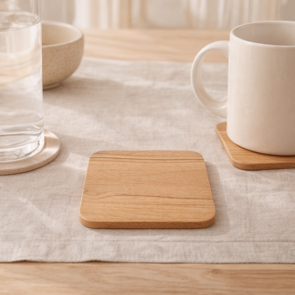 Sous-verre en bois de teck beige rustique en situation
