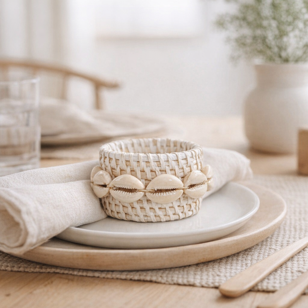 Rond de Serviette en Coquille de Rotin - Blanc en situation