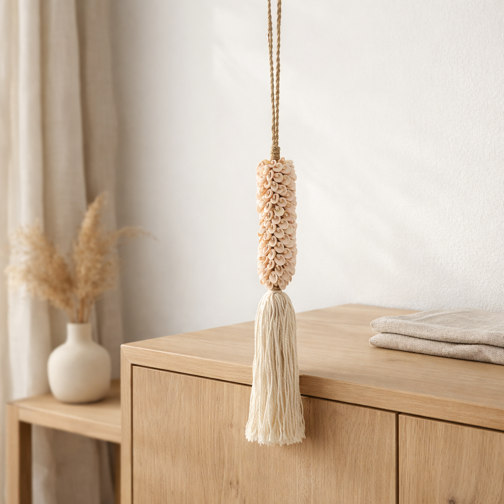 Le pompon en coquillage et coton - Rose en situation