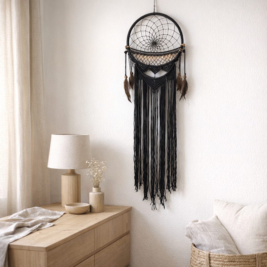 Décoration murale macramé en bois noir en situation